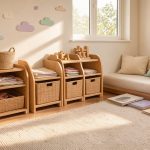 Chambre d’enfant lumineuse et chaleureuse avec rangements bas, tapis doux, coin lecture et décoration pastel.