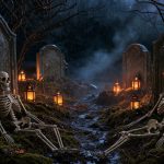 Jardin d’Halloween nocturne sous une pluie fine, avec des pierres tombales grises, des squelettes décoratifs et des lanternes orange lumineuses.