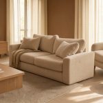 Salon lumineux aux murs brun noisette, avec un canapé crème, un fauteuil en bouclé et une décoration contemporaine en bois blond, baigné par une douce lumière d’automne.